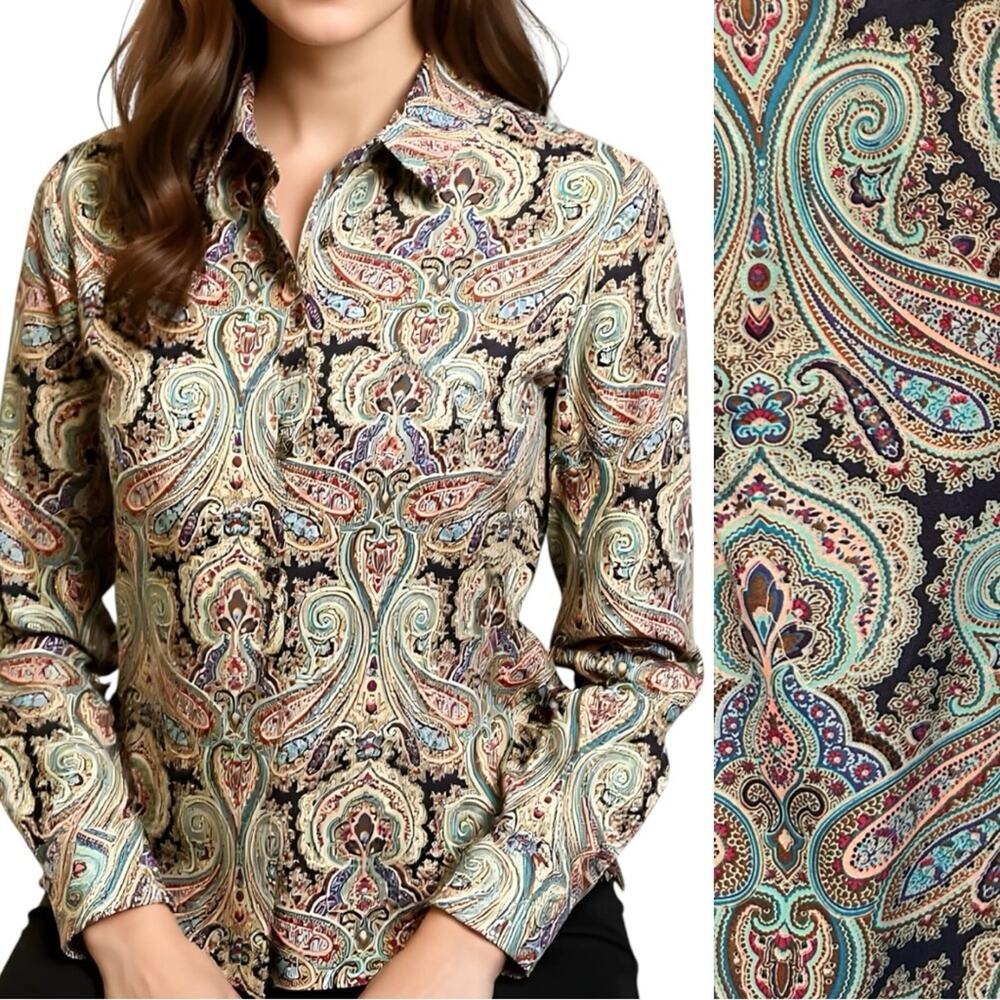 Lands' End Women's Paisley Multicolor Paisley Button Down Shirt No Iron Size 6